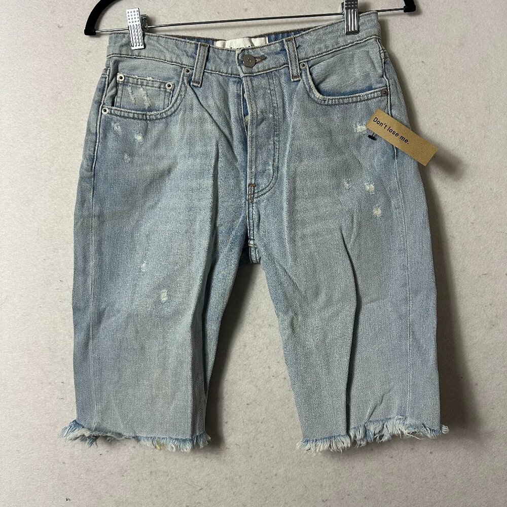 Reformation High Rise Distressed Bermuda Denim Shorts Light Wash Blue Size 25